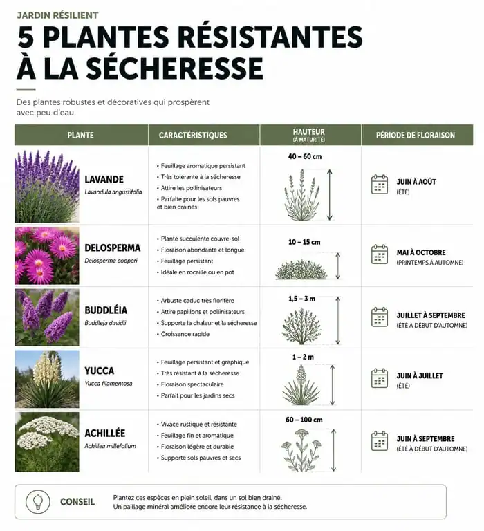 Infographie comparative des meilleures plantes plein soleil sans arrosage pour un jardin sec