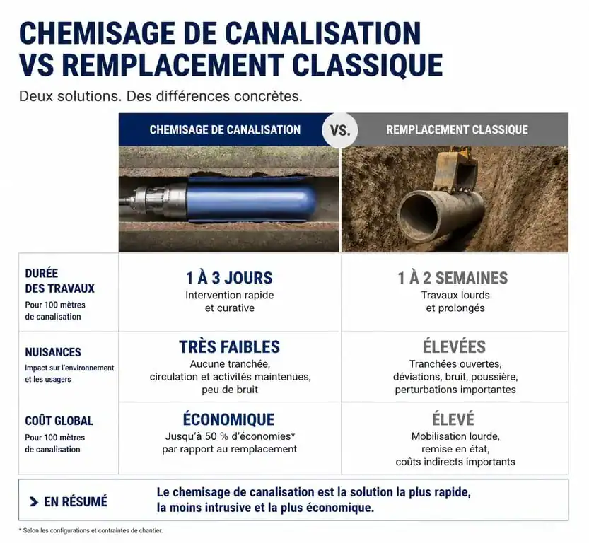 Infographie comparative des avantages du chemisage de canalisation vs remplacement classique