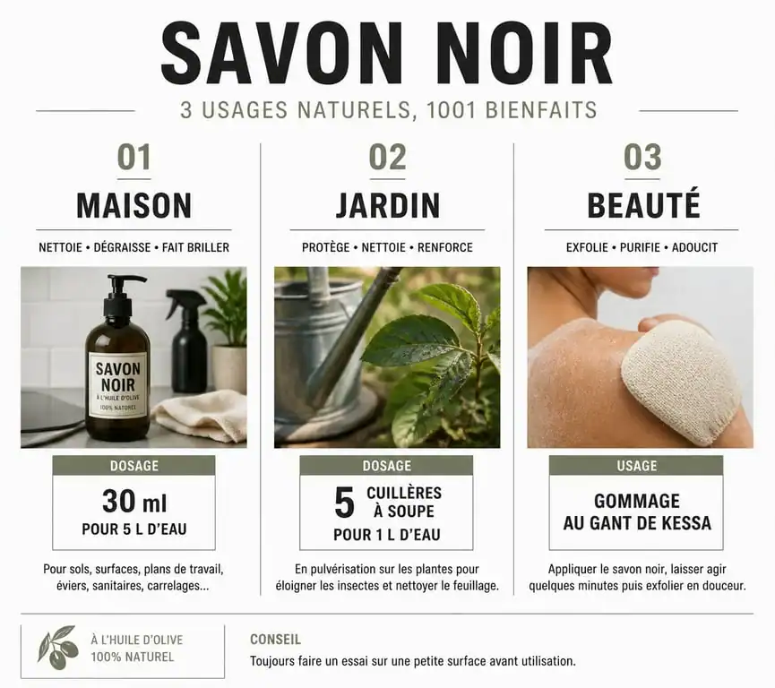 Infographie récapitulative des usages et dosages du savon noir pour la maison, le jardin et la beauté