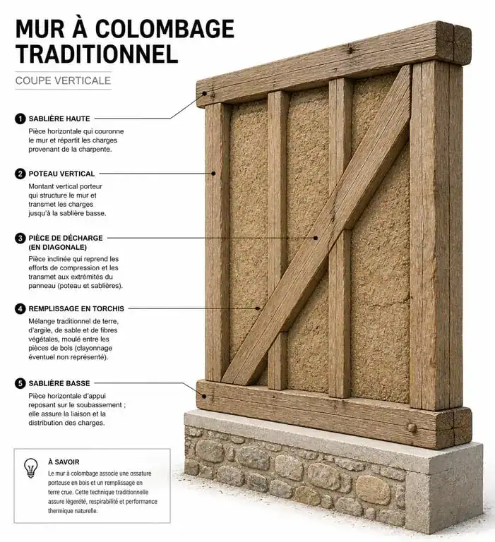 Schéma technique de la structure d'un mur colombage avec ossature bois et hourdage