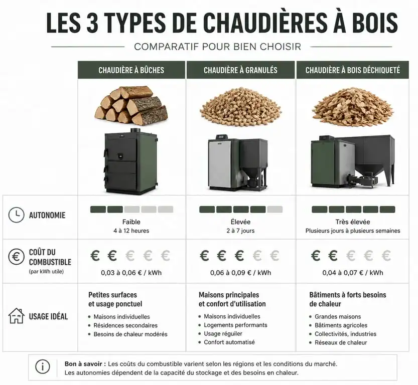 Comparatif des types de chaudières bois : bûches, granulés et bois déchiqueté