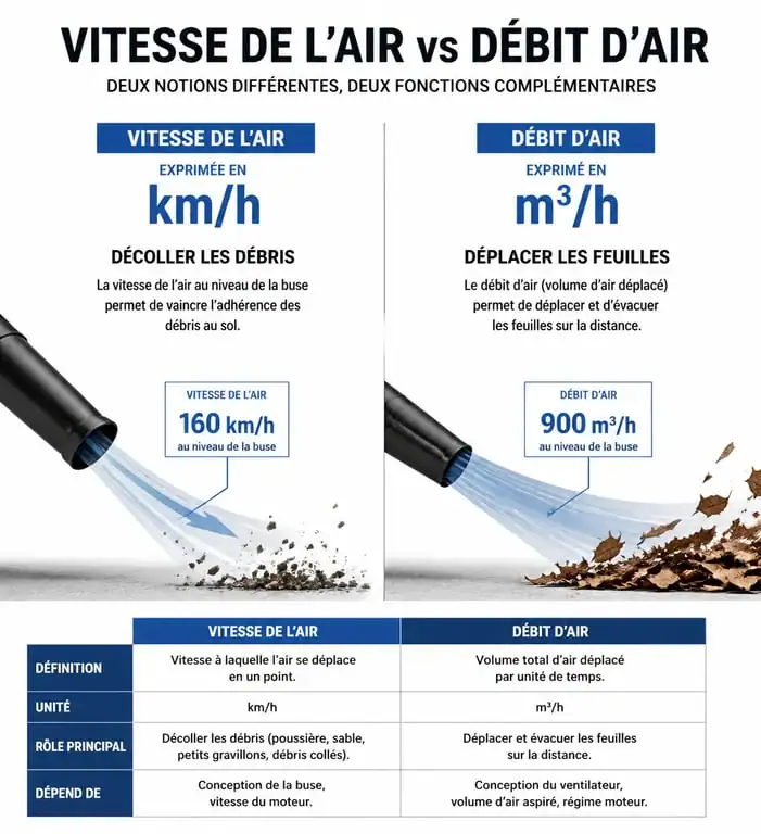 Infographie technique expliquant la différence entre vitesse et débit d'air pour choisir le meilleur souffleur sur batterie