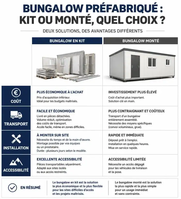 Comparatif bungalow préfabriqué en kit vs monté : caractéristiques et avantages