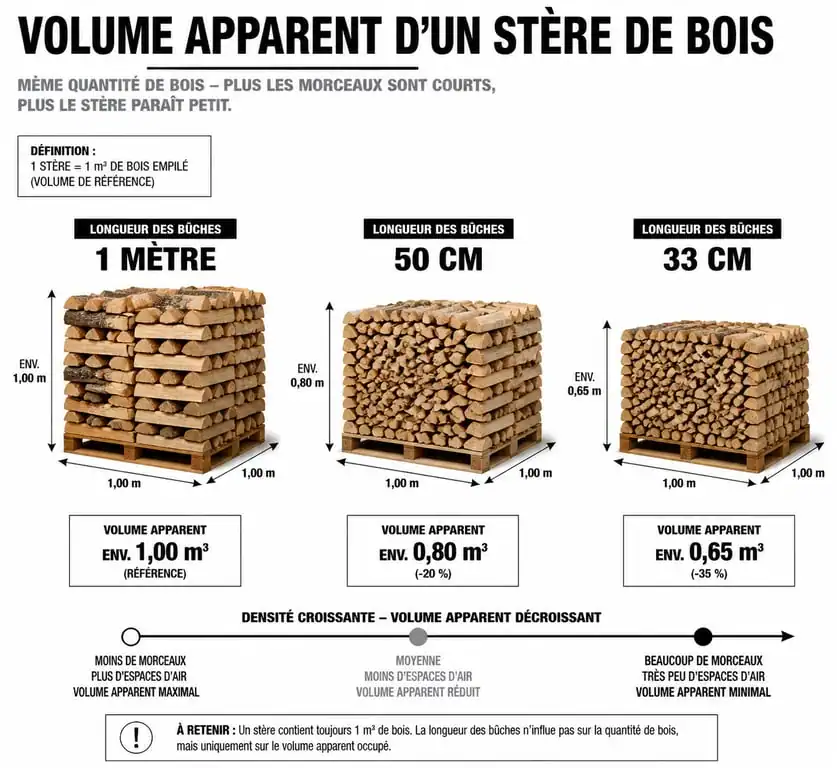 Schéma explicatif du volume apparent d'un stère de bois de chauffage selon la longueur des bûches