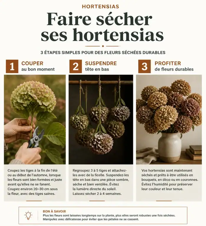Étapes pour faire sécher des hortensias : guide visuel du séchage de fleurs