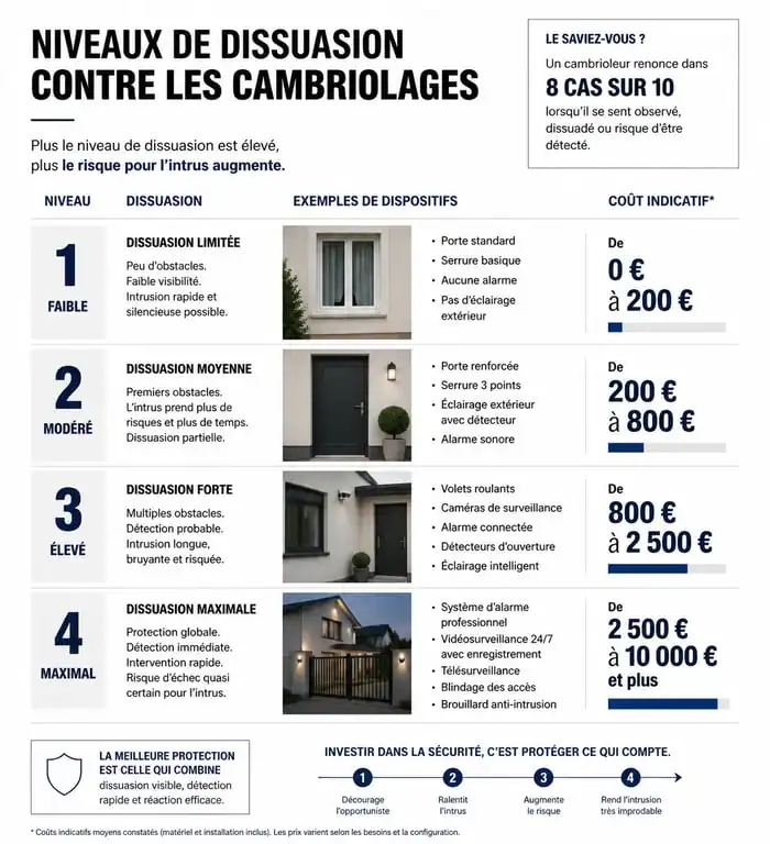 Infographie sur la dissuasion cambriolage : niveaux de protection et coûts moyens des équipements de sécurité