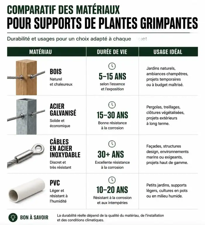 Comparatif des matériaux pour support plante grimpante : bois, acier galvanisé, inox et PVC.