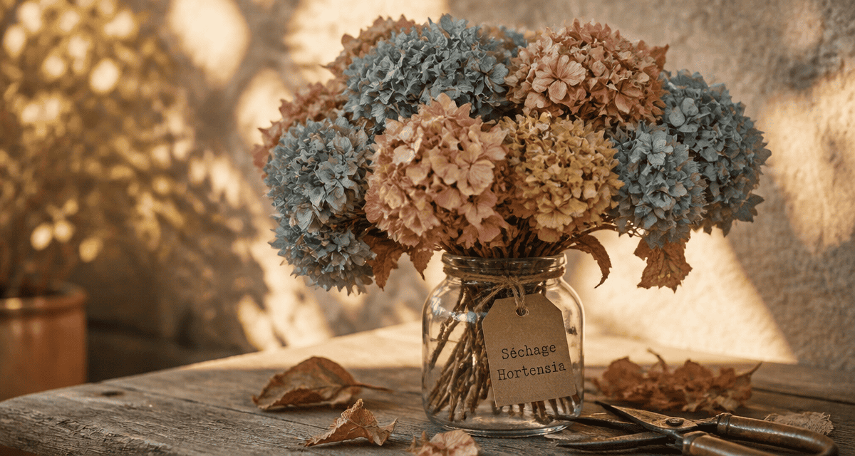 hortensia comment les faire secher bouquet séché sur table bois