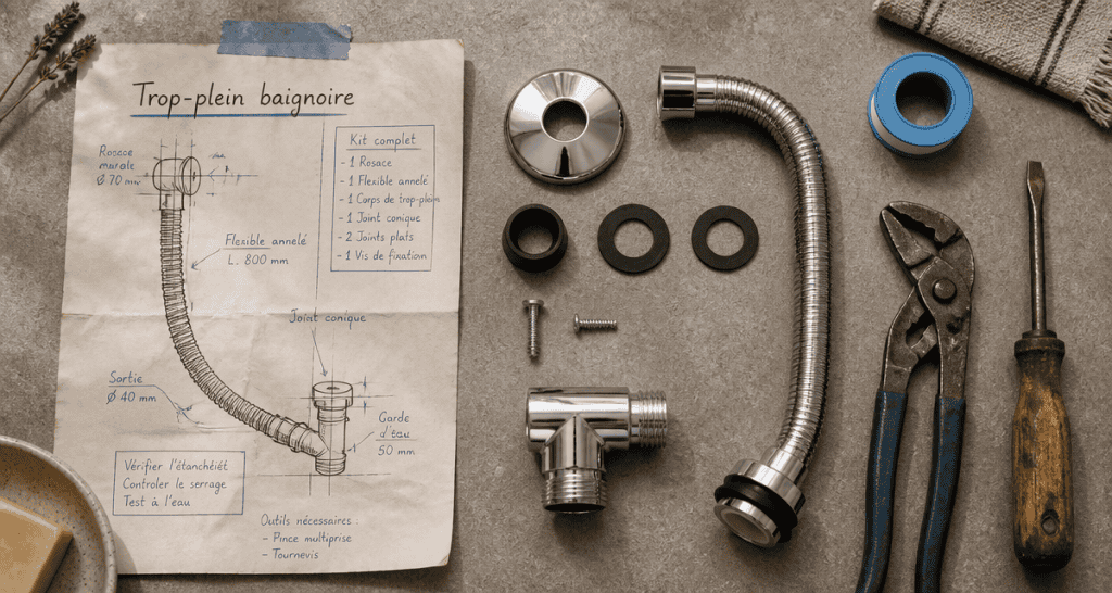 kit trop plein baignoire chromé avec outils