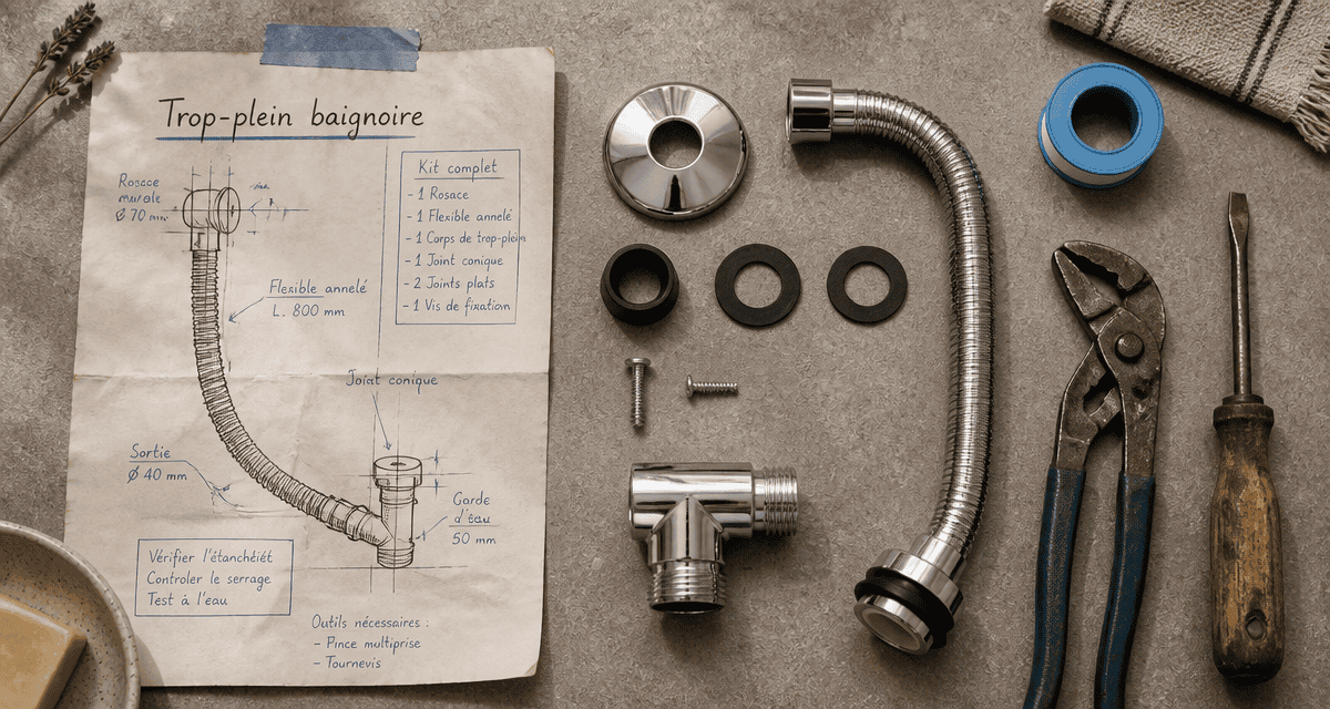 kit trop plein baignoire chromé avec outils