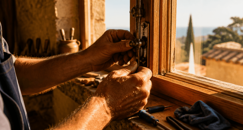 mecanisme cremone fenetre bois sur menuiserie