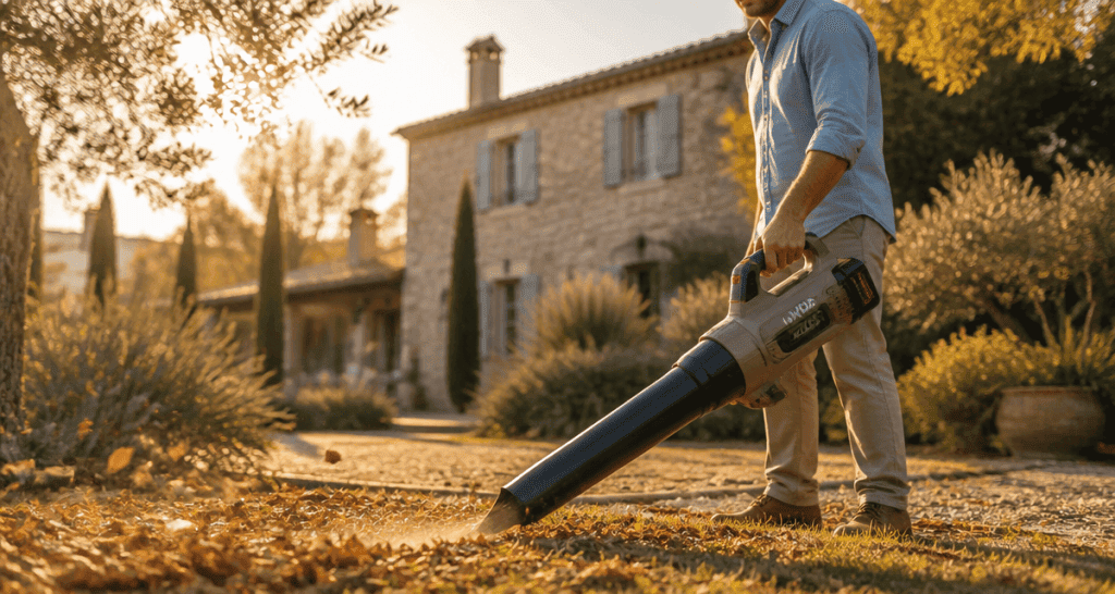 meilleur souffleur sur batterie en action dans un jardin