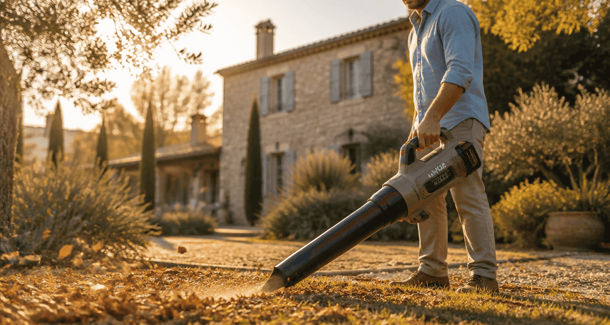 meilleur souffleur sur batterie en action dans un jardin