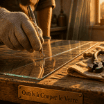 outil à couper le verre sur établi en bois