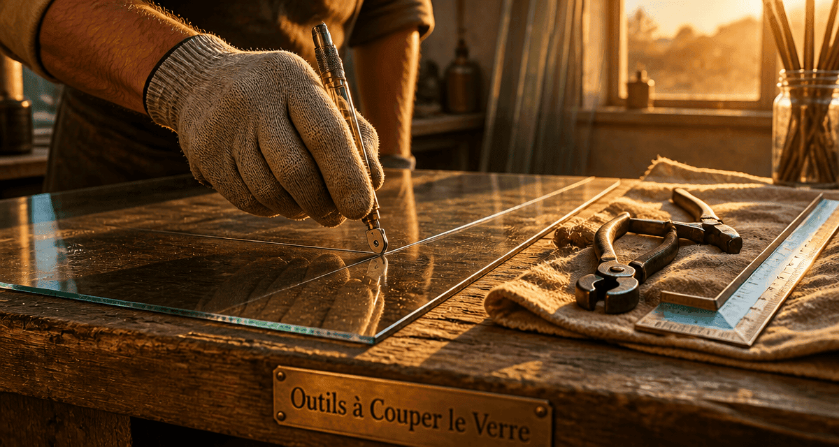 outil à couper le verre sur établi en bois