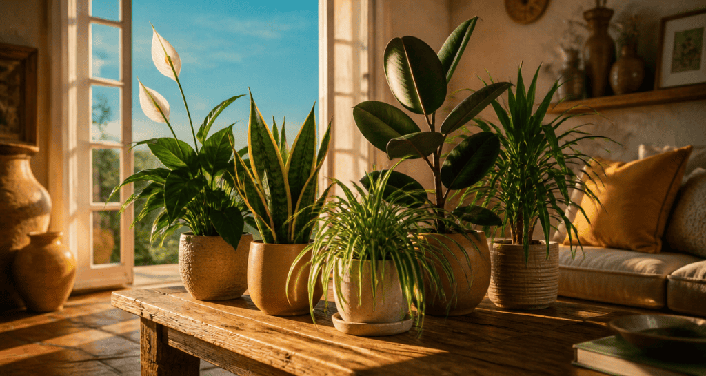 plantes d'interieur depolluante sur table ensoleillée