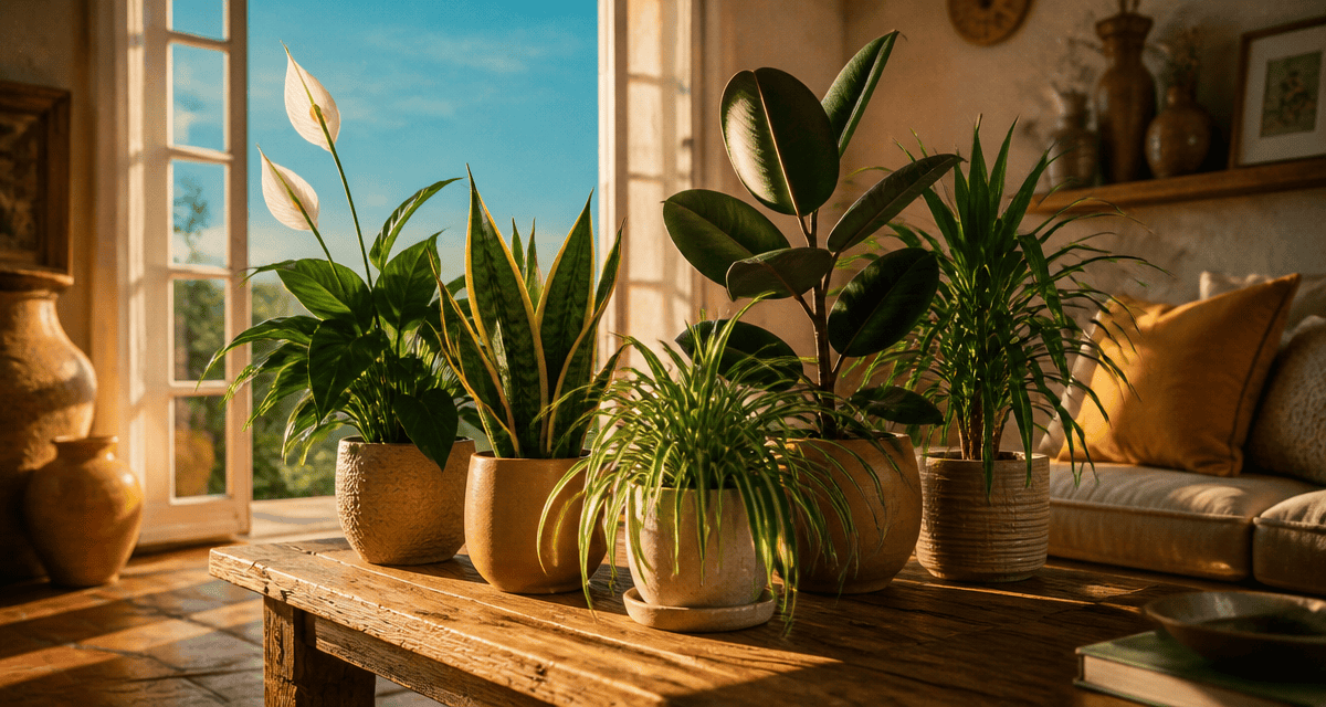 plantes d'interieur depolluante sur table ensoleillée