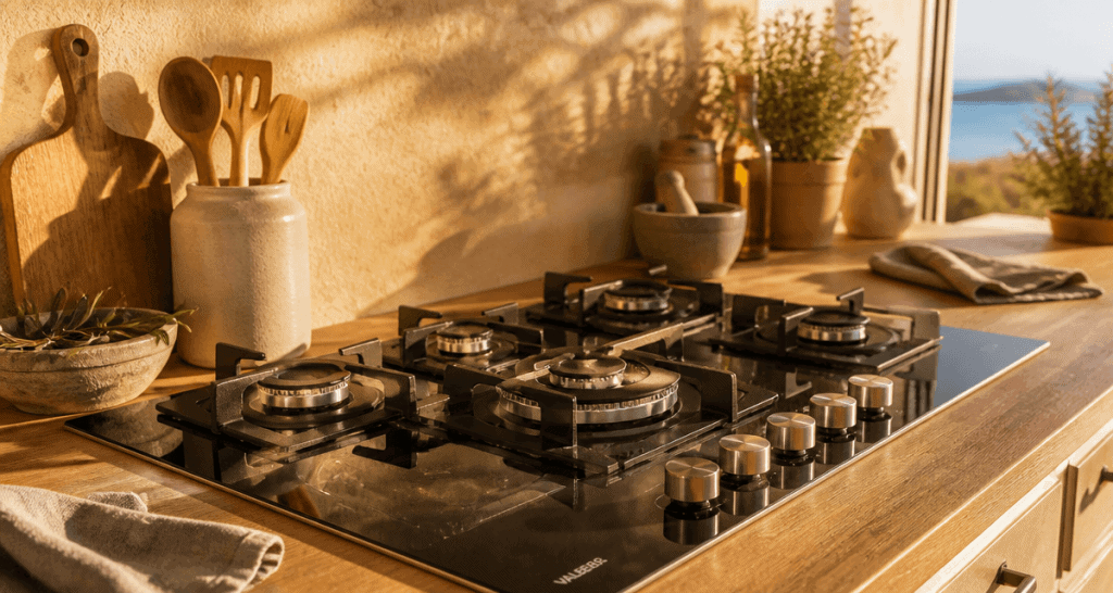 plaque de cuisson gaz 5 feux facile à nettoyer en cuisine méditerranéenne