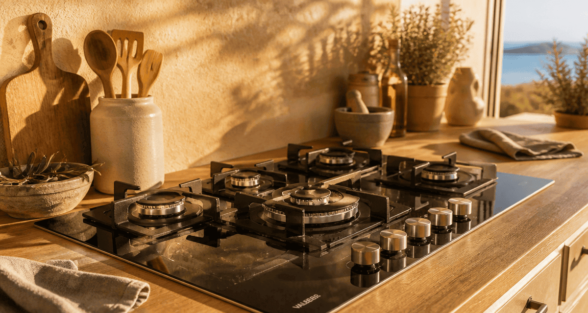 plaque de cuisson gaz 5 feux facile à nettoyer en cuisine méditerranéenne