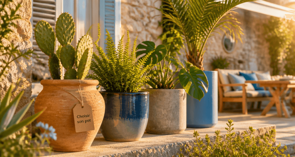 pots de fleurs variés sur terrasse méditerranéenne