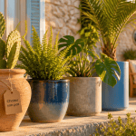 pots de fleurs variés sur terrasse méditerranéenne