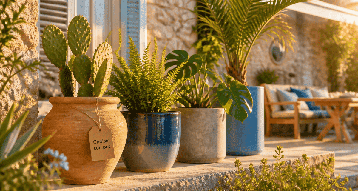 pots de fleurs variés sur terrasse méditerranéenne
