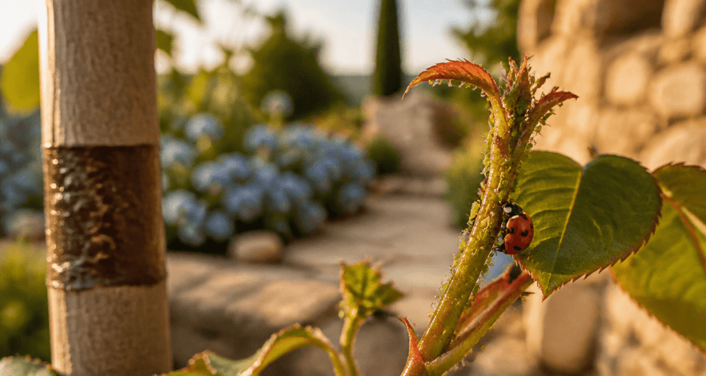 Pucerons verts rosiers sur jeune pousse avec coccinelle