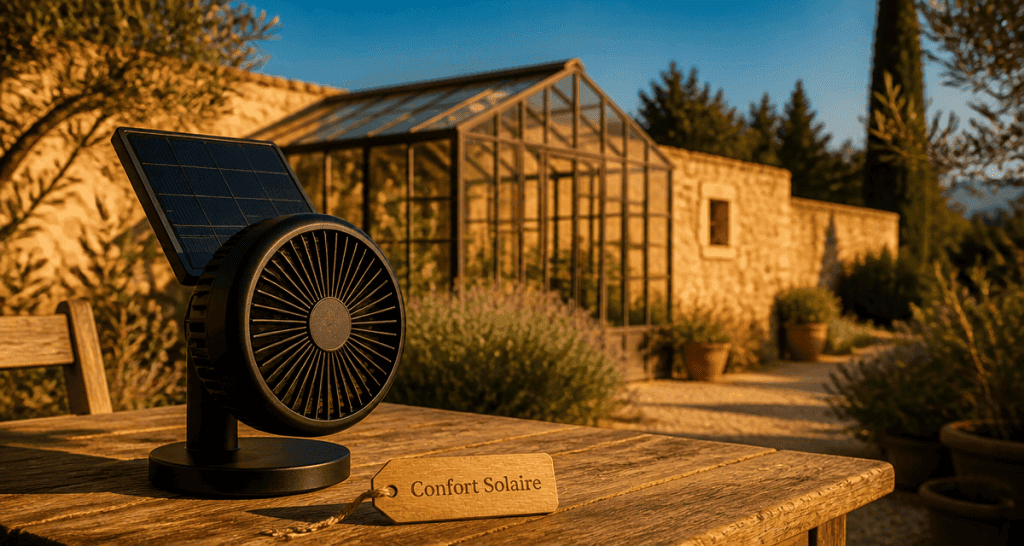 ventilateur panneau solaire compact sur table en bois dans jardin