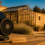 ventilateur panneau solaire compact sur table en bois dans jardin