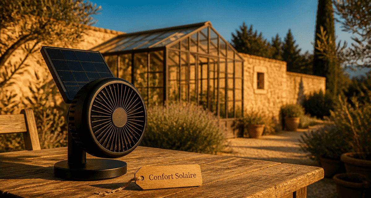 ventilateur panneau solaire compact sur table en bois dans jardin