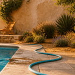 Vider une piscine avec un tuyau dans un jardin méditerranéen
