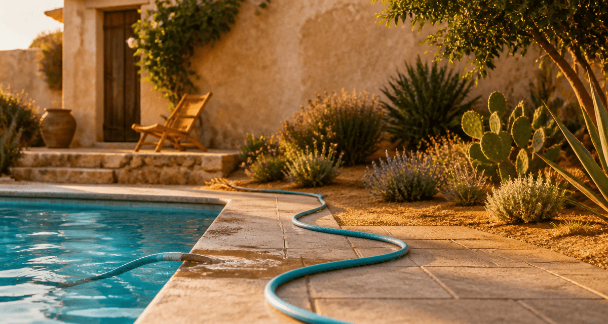 Vider une piscine avec un tuyau dans un jardin méditerranéen