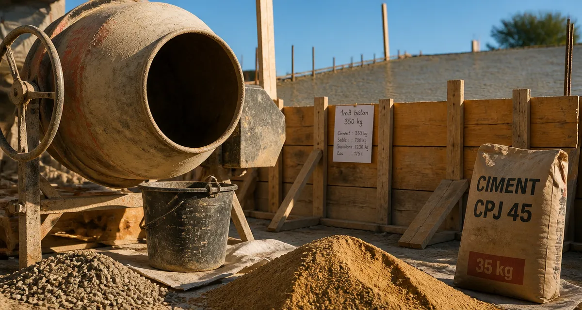 1m3 de beton : bétonnière, sable, gravillons et ciment sur chantier