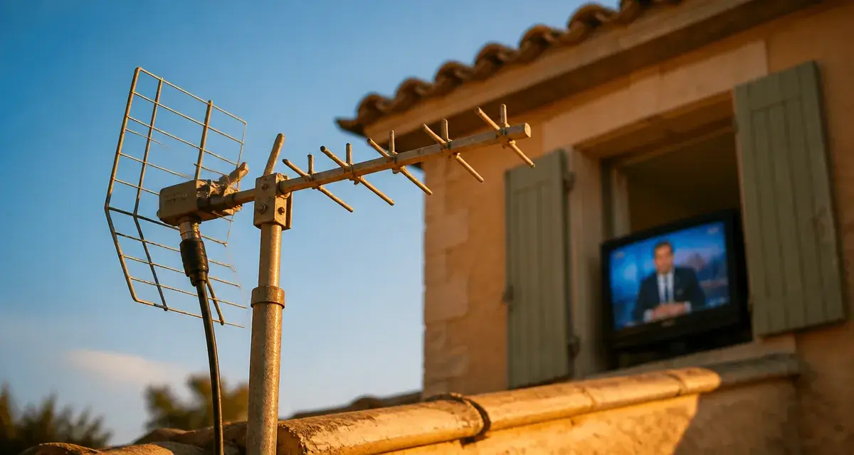 Antenne rateau TNT UHF extérieure sur mât, réception nette sans interférences 4G/5G