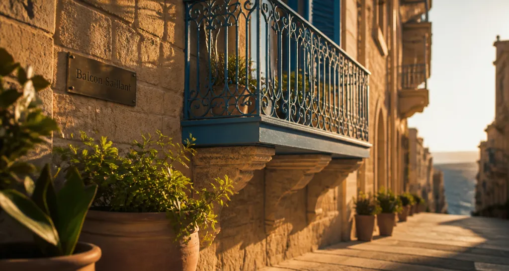 balcon saillant en fer forgé bleu sur façade méditerranéenne