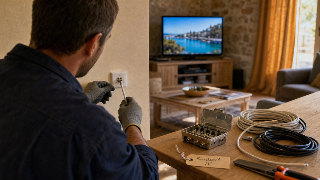 Branchement antenne tv schema : technicien visse une fiche F sur câble coaxial et prise TV murale