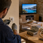 Branchement antenne tv schema : technicien visse une fiche F sur câble coaxial et prise TV murale