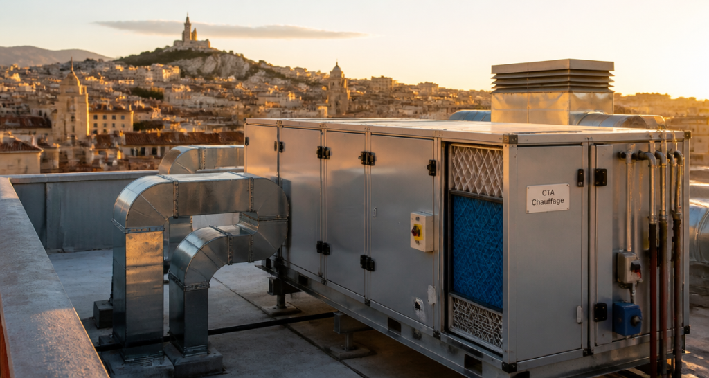 cta chauffage sur toit urbain au coucher du soleil