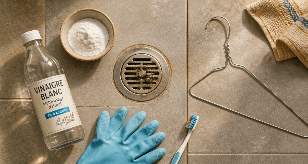 deboucher la douche avec bicarbonate vinaigre et outils