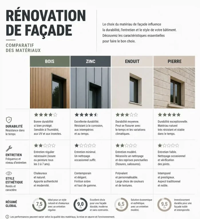 Infographie comparative des matériaux pour la rénovation de façade : bois, zinc, enduit et pierre de parement pour embellir sa maison.