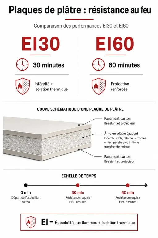 Infographie comparative des classes de résistance au feu des plaques anti-feu Brico Dépôt