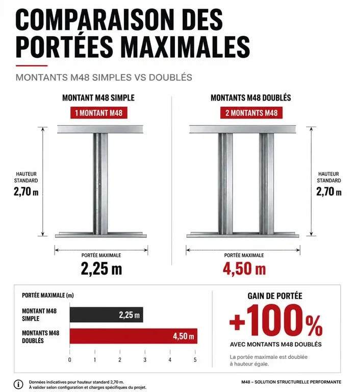 Tableau comparatif des portées maximales pour plafond autoportant avec montants M48