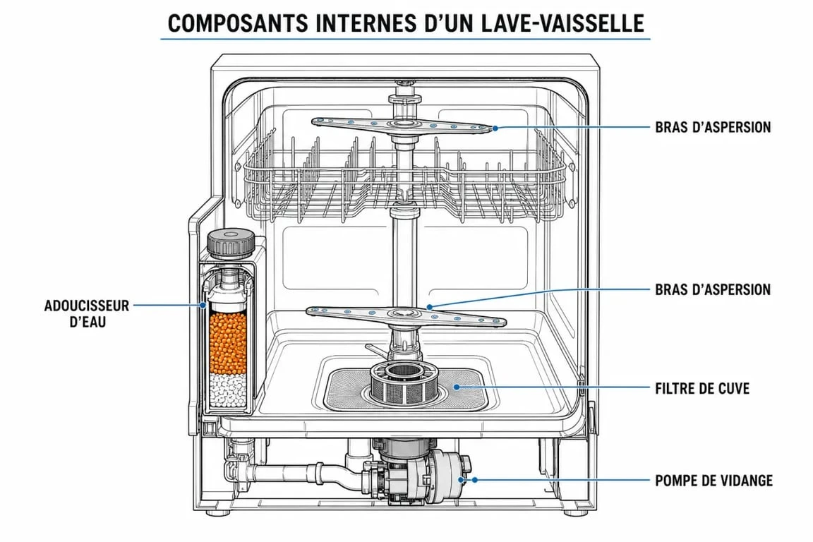 Schéma des composants internes d'un lave-vaisselle pour le diagnostic de pannes
