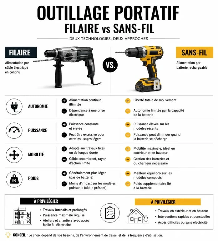 Infographie comparative des avantages de l'outillage portatif filaire et sans-fil pour les professionnels
