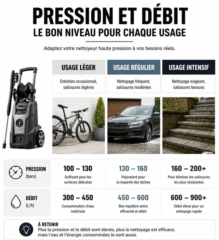 Infographie récapitulative de la puissance idéale pour un nettoyeur haute pression Karcher selon l'usage
