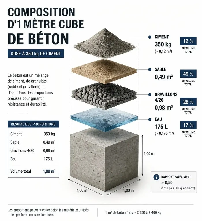 Infographie des proportions pour 1m3 de béton dosé à 350 kg