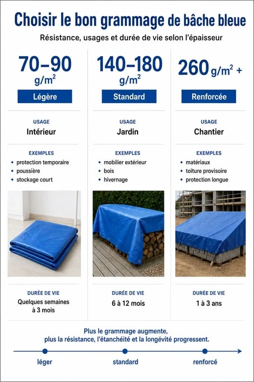 Infographie comparative des grammages de bâches bleues pour choisir la protection adaptée à vos besoins