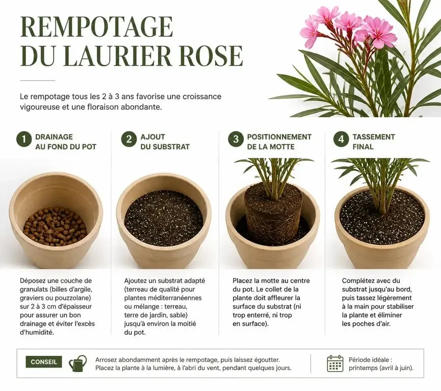 Étapes du rempotage d'un laurier rose : guide visuel pour le changement de pot
