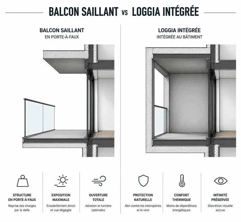Schéma comparatif entre un balcon saillant et une loggia pour comprendre les différences architecturales