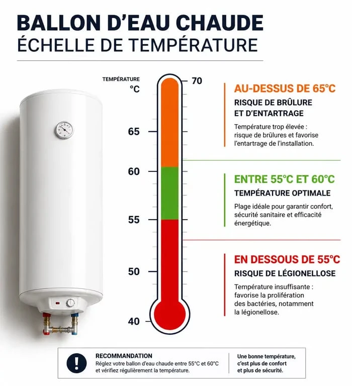 Infographie des zones de température idéale pour le réglage ballon eau chaude